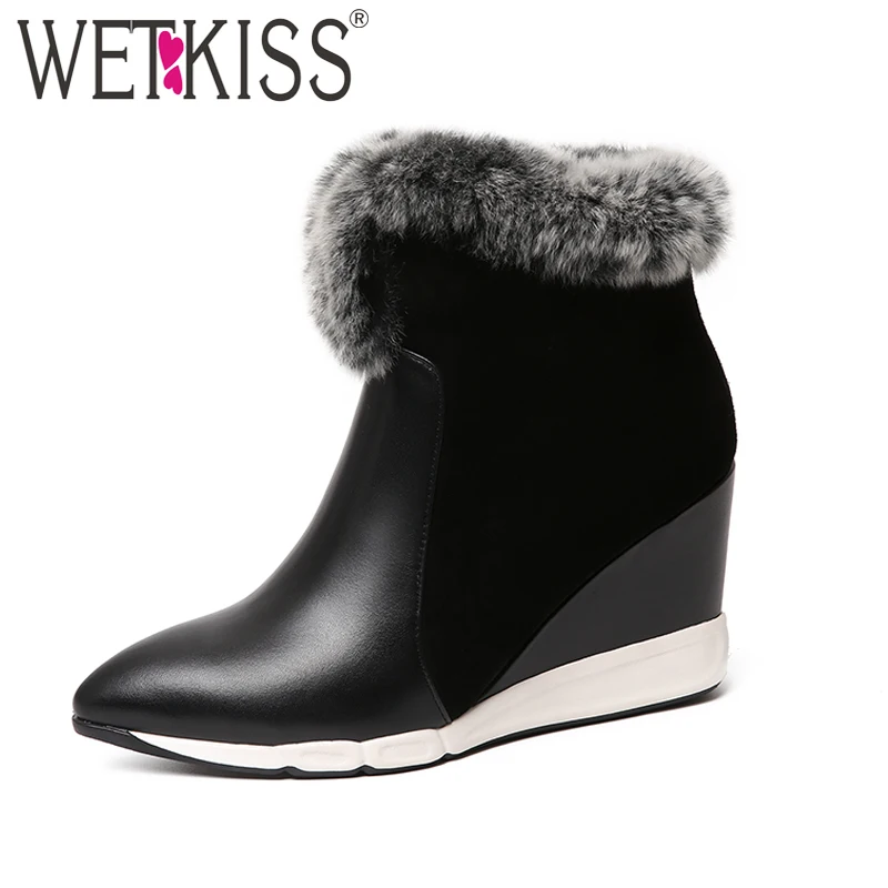 

WETKISS 2018 Fashion Fur Shoes Woman Genuine Leather Suede Short Plush Warm Winter Boots Sexy Pointed toe Zipper Ankle Boots