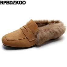 Квадратный носок коричневый дам замша домашние тапочки Роскошные бренды обувь женщины кролик мех Низкий каблук надевать мулы дизайнер ретро Мода последние европейская отправка капель красивая весенняя осень
