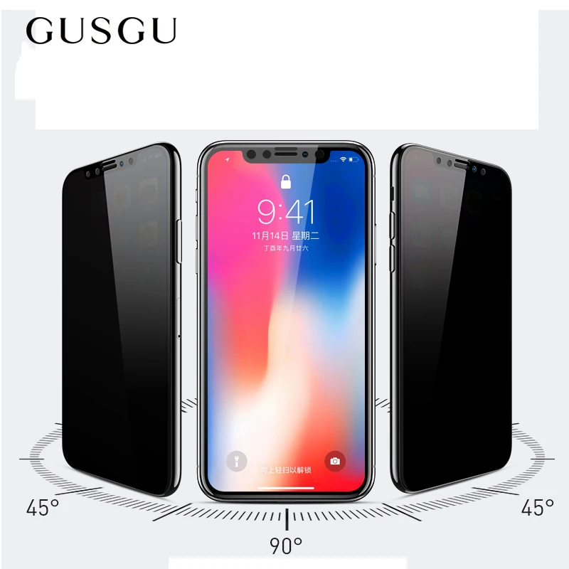 

GUSGU Full Privacy Screen Tempered Glass Film Screen Protector For iPhone X Anti Spy Mobile Phone Screen Protector for iPhone 10
