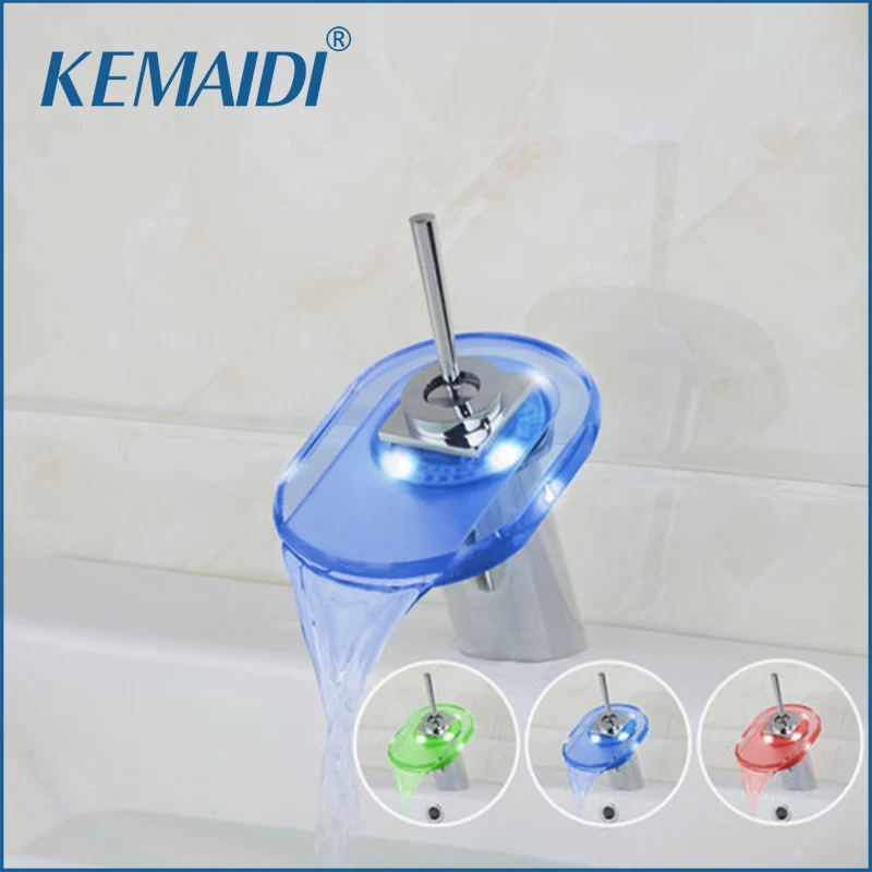 

KEMAIDI LED Light Faucet RGB Modren Waterfall Chrome Bathroom LED Tap Single Lever Sink Basin Tap Chrome Vessel Mixer