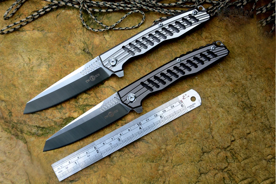 

TS16 Pocket Knife TwoSun Brand D2 Drop point Titanium handle Grey or white Satin colors Folder Hunt Survival Knives