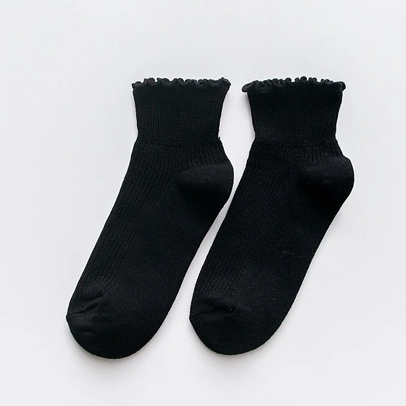 Пушистые хлопковые милые повседневные носки с рюшами и оборками ярких цветов; женские зимние теплые уличные милые забавные короткие носки до щиколотки - Цвет: black