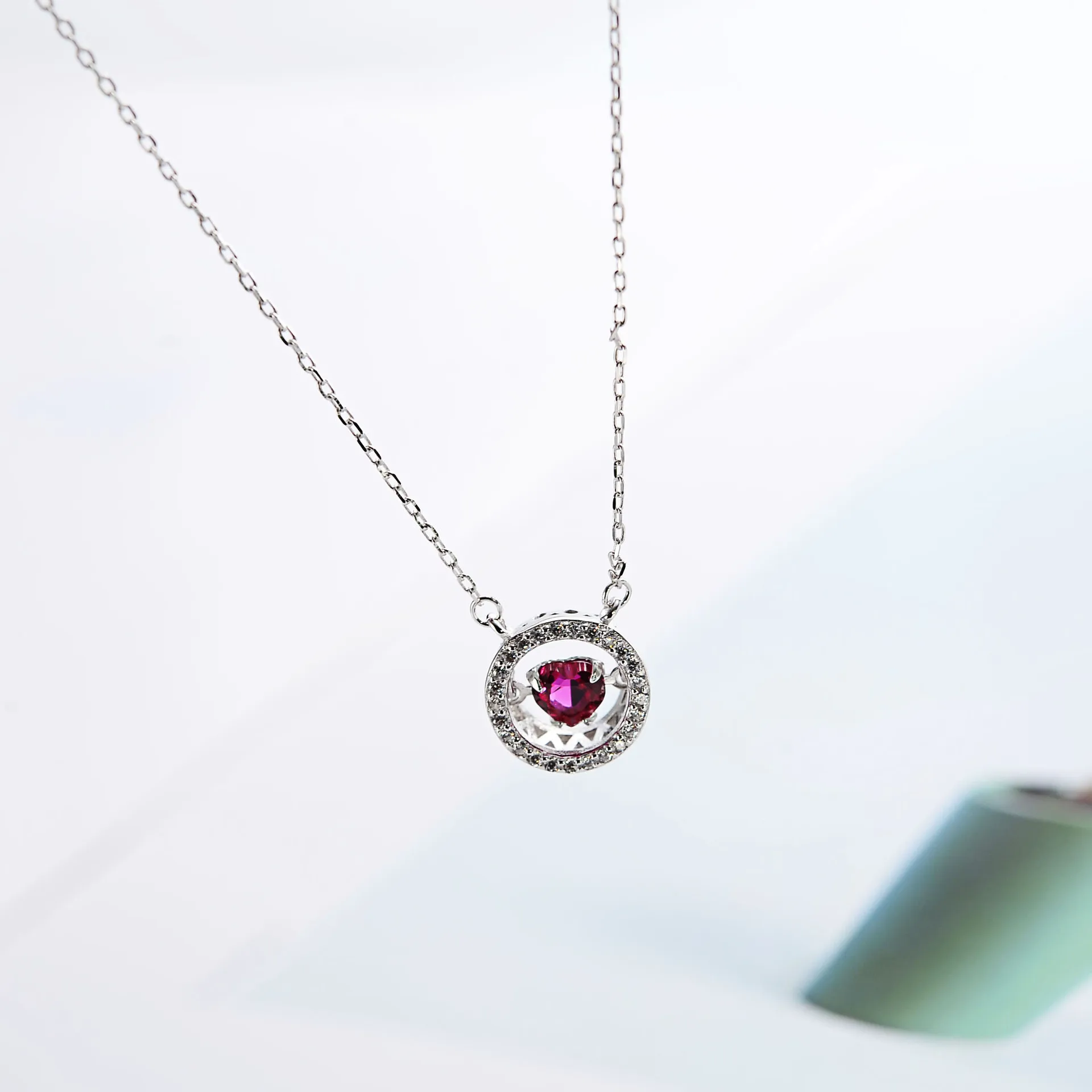 dancing heart rose red zircon necklace woman 100% 925 Sterling silver nacklace Jewellery Clavicle chain pendant charms gift