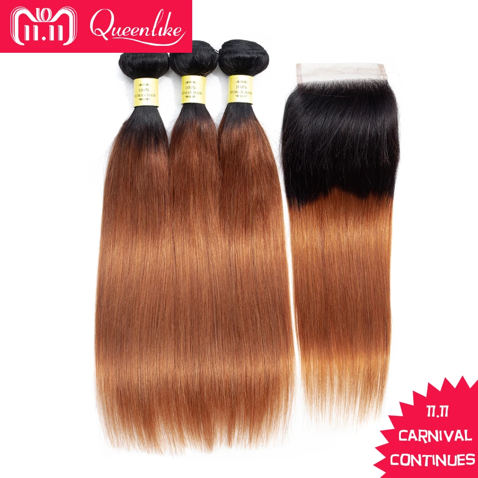 

QueenLike Human Hair Products 3 4 Ombre Bundles With Closure Non Remy Color 1B 30 Peruvian Straight Hair Bundles With Closure