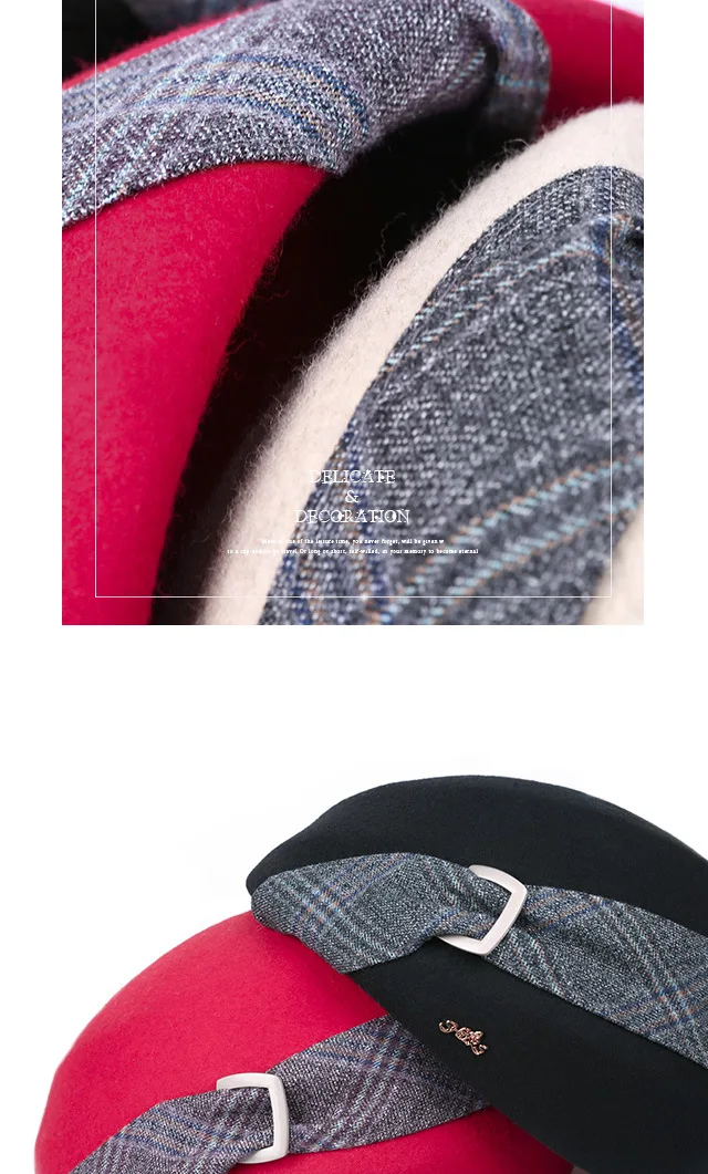 Элегантный женский 100% шерсть британский плед Черный Fedora Hat Англия стиль винтаж зима для женщин фетр Французский Берет шапки Bone Feminino