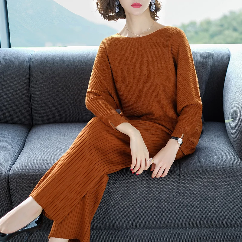 

Tracksuits Special Offer 2018 Women Cashmere Knitted Suit Fashion Sweater + Wide Leg Trousers Loose Two Piece of Women