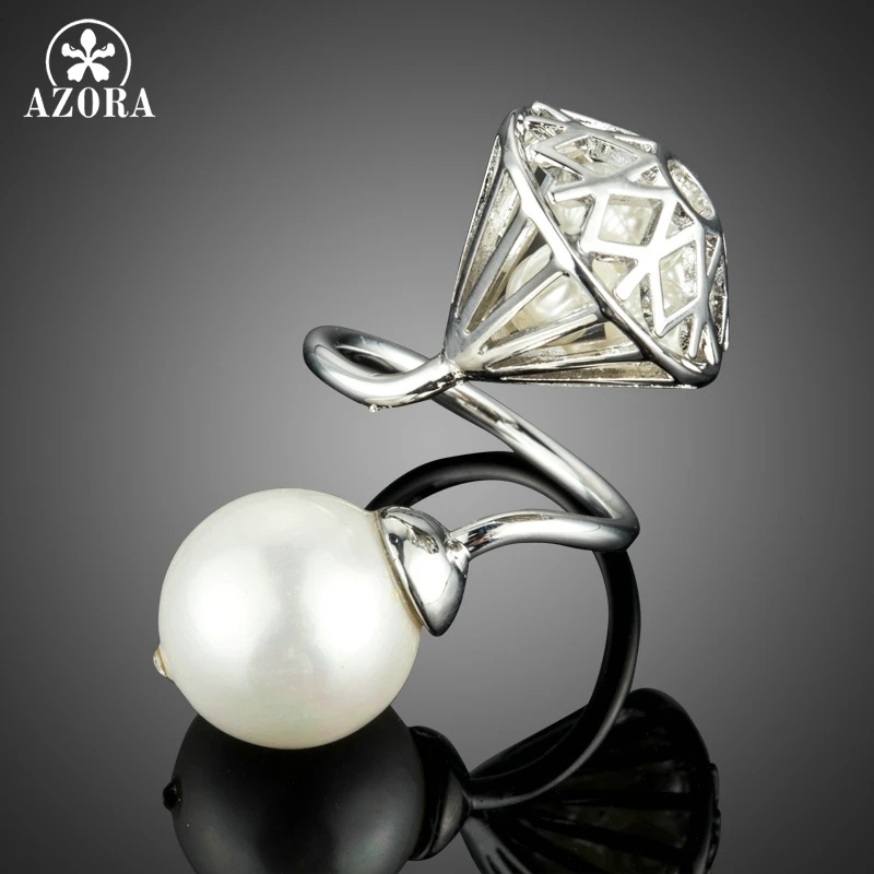 AZORA Big Imitation Pearl with Hollow Stone Net Filled with Tiny Pearls Adjustable Size Rings TR0168