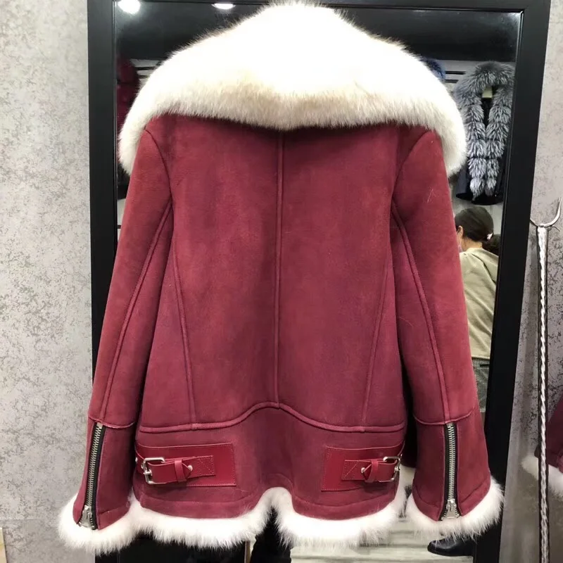 Зимнее женское пальто из натурального меха лисы с воротником из овечьего меха, мотоциклетная кожаная куртка размера плюс, толстое теплое пальто, новая мода