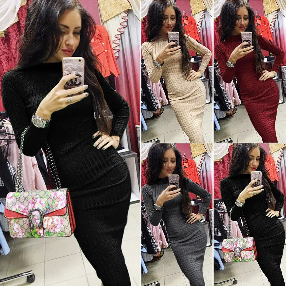 

Women Ladies Casual Autumn Winter Long Sleeve Knitted Bodycon Sweater Knee-Length Dress Knitwear