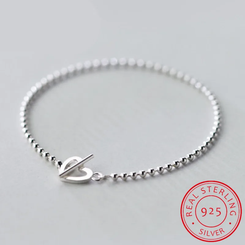 SMTCAT 925 Solid Real Sterling Silver Fashion Beads Heart Star Bracelet 16cm For Teen Girls Lady Gift Women Jewelry DS1014