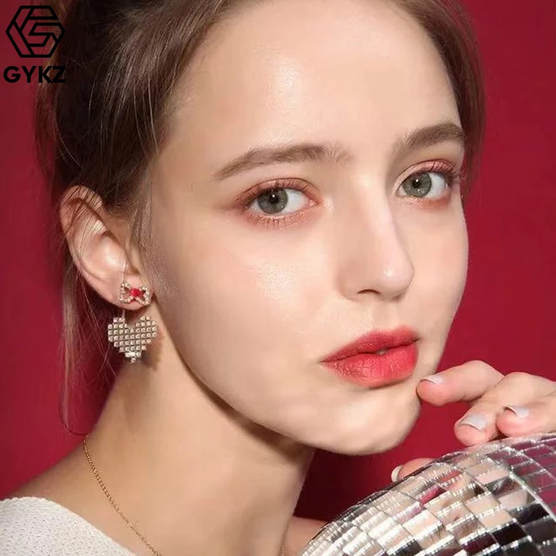 

GYKZ Women Heart-shaped Stud Earrings 2019 Rhinestone Bow Earrings Temperament Luxury Jewelry Female Accessories Valentine's Day