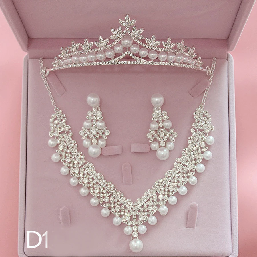 

Bridal Necklace Earrings Tiara Jewrelery Set Sprkling Rhinestone Crystal Pearl Handmade Wedding Jewelry Set Women Parting Gifts