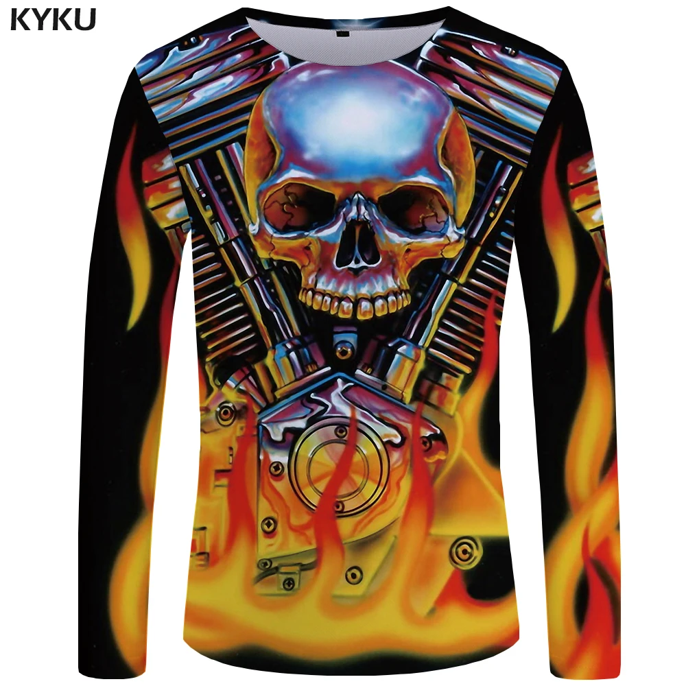 

KYKU Skull T shirt Men Long sleeve shirt Hip Hop Funny T shirts Flame Tee Mechanical Printed Tshirt Punk Cool Anime