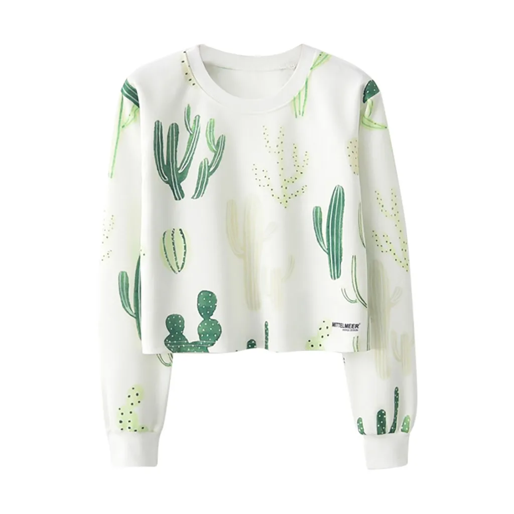 

Autumn cute hoodies women Sport Coat Loose Long Sleeve Cactus Print kawaii streetwear harajuku crop sweatshirts Pullover