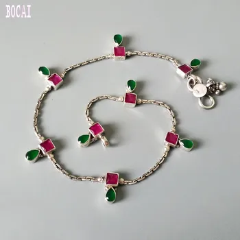 

925 sterling silver jewelry, exquisite and elegant, stylish red and green stone, handmade tassel silver anklet, bell, woman's si