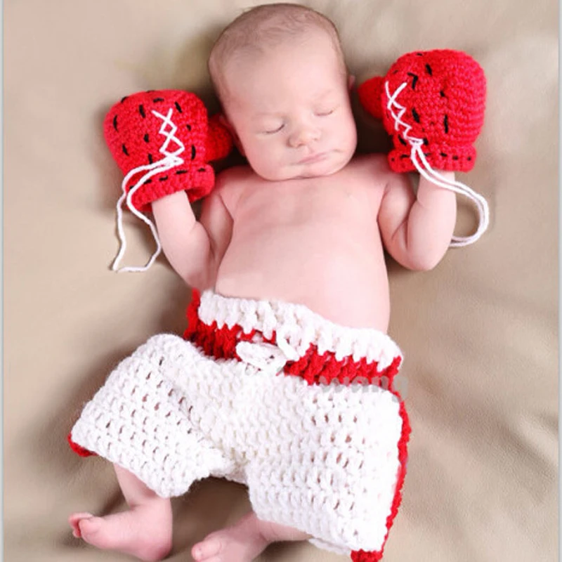 Boxing Man Baby Photo Props Handmade Knitted Infant Baby Gloves+Shorts