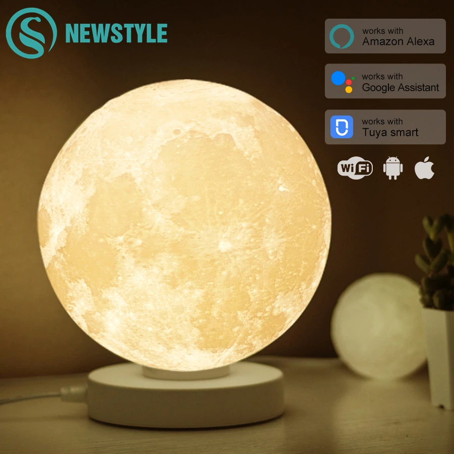 3D Printed Smart Moon Lamp Colorful Lunar Moon Light Alexa Google Assistant WiFi Voice Control Table Desk Lamp Creative