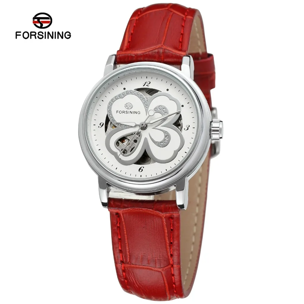 Forsining Women s Watch Skeleton Analog Transparent Crystal Leather StrapFashion Casual Brand Wristwatch Color White FSL8014M3