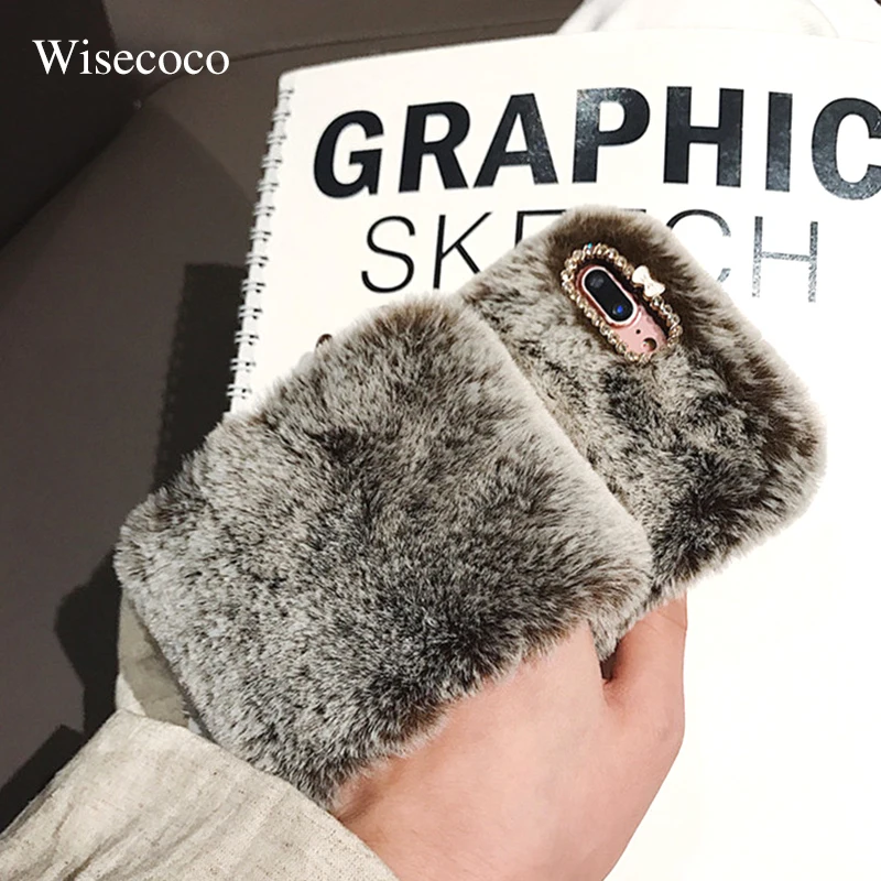 Case for IPhone Xs Max Xr X 6 6S 7 8 Plus 10 3D Cute Rabbit Hairy Warm Fur Bling Rhinestone Plush Wristband Strap Soft TPU Shell |