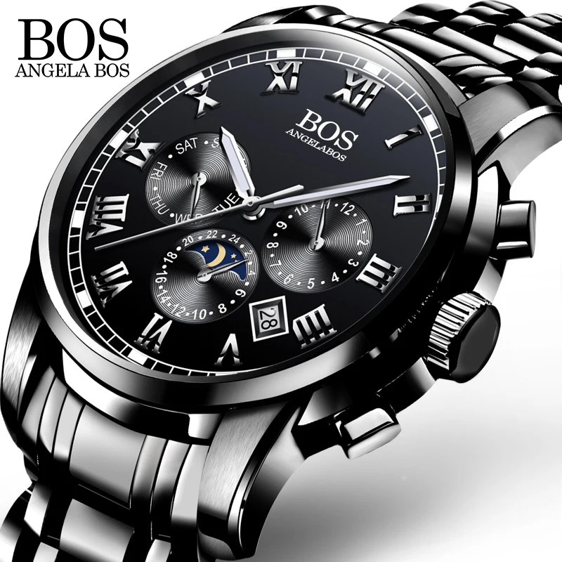 

ANGELA BOS Black Stainless Steel Clock Men Watches 2018 Luxury Brand Men Watch Quartz Contracted Date Men's Watches Wristwatch