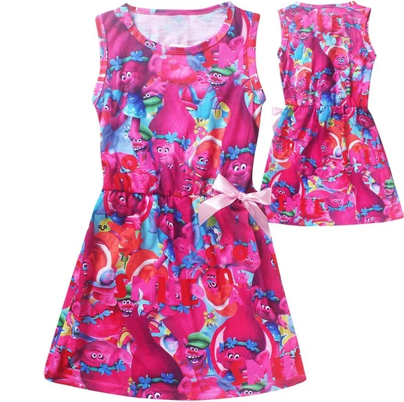 

2018 New Arrivals Christmas Fashion Girls Trolls Cartoon Printing Sleeveless Round Neck Slim Fit Dress 2-10Y GIrls Clothing