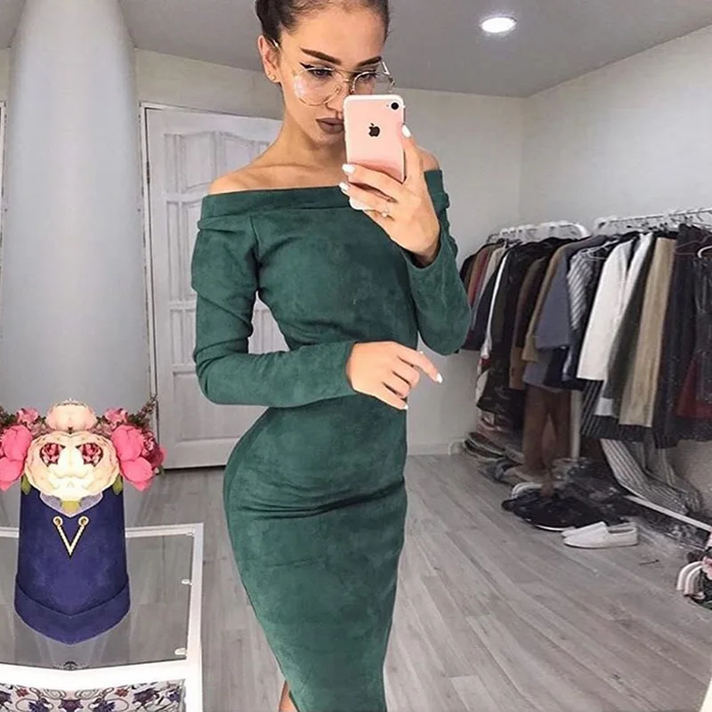 

NCLAGEN 2018 Women Casual Clothes Autumn Spring Sexy Suede Solid Brown Red Green Vestidos Slim Fit Long Sleeve Skinny Midi Dress