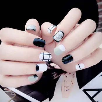 

24PCS Fashion Short False Nails with glue White Grid Designs Glitter daily Fingernail Artificial Hybrid Nail full cover tips