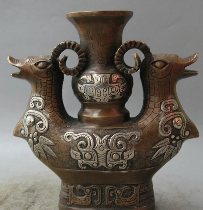 

8" Marked Chinese Dynasty Bronze Silver Two Face Sheep Statue Zun Bottle Vase R0710 Discount 35%