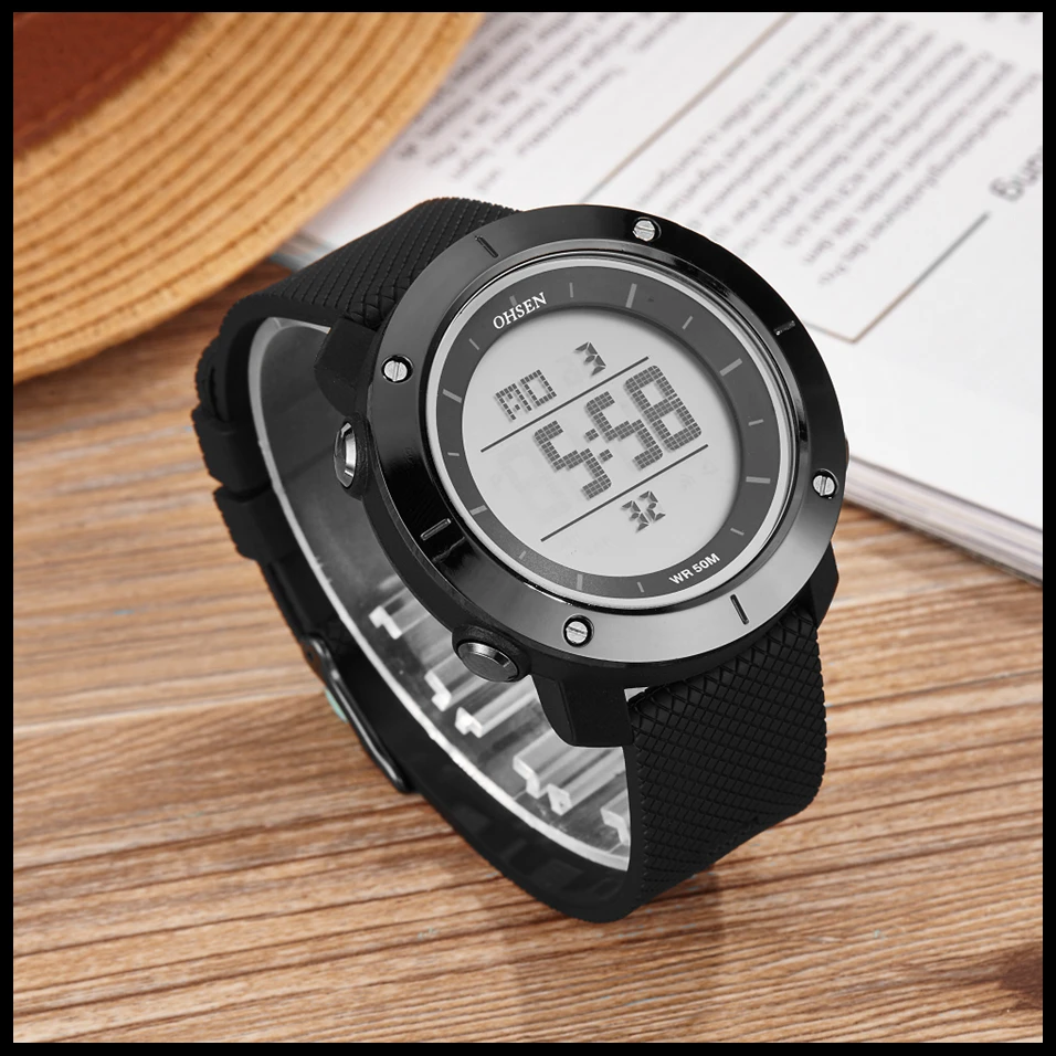 Лидер продаж OHSEN модные спортивные мужские кварцевые наручные часы с будильником и датой, резиновый ремешок, мужские водонепроницаемые часы большого размера