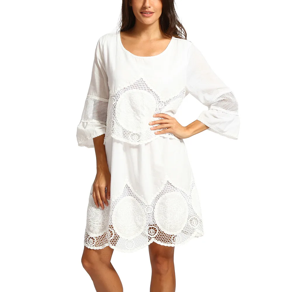 Большой платье модные женские туфли модные размера плюс белого цвета с кружевом и вышивкой, с вырезами, с круглым вырезом в стиле «Бохо пляжное платье Dropship Jan14 - Цвет: White