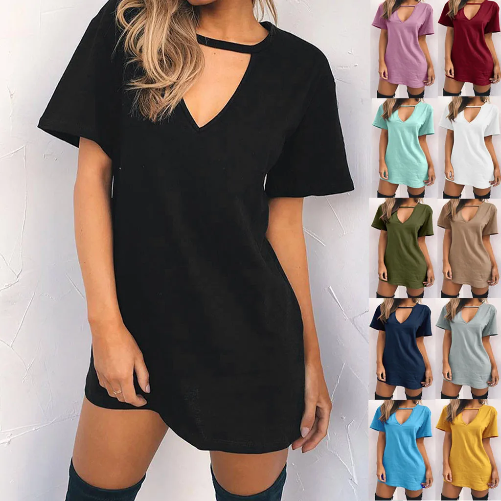 

Womens Choker V Neck Short Sleeve Dress Long Tops Sexy T-shirt Ladies Shirts Solid Casual Party Mini Dress Plus Size Female #G