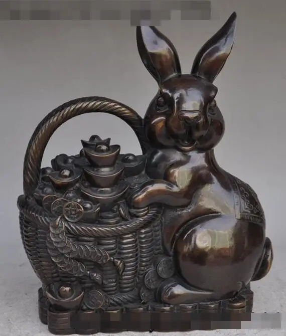 

S00752 11"china Bronze Money coin YuanBao wealth Basket Lovely hare rabbit Bunny Statue (B0413)