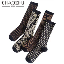 Осенняя утепленная Смешанная металлическая нить с цветочным узором в горошек Женские носки для обуви длинные гетры зимняя черная обувь