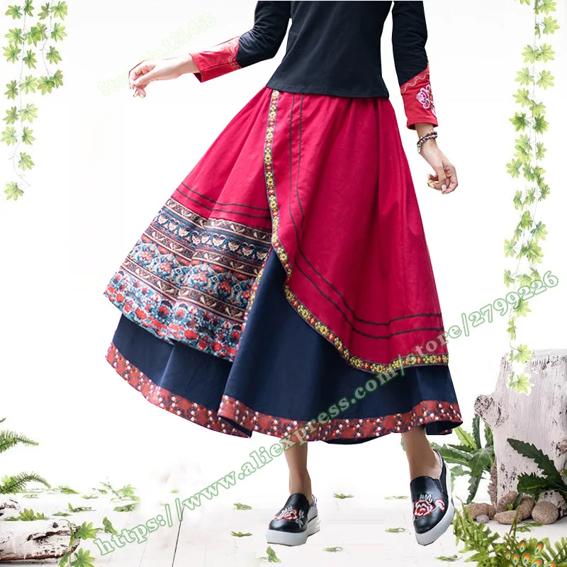 

2019 Spring and Summer New Novel National Style Cotton and Linen Floral Irregular Stitching Midi Skirt Long Print Skirts Womens