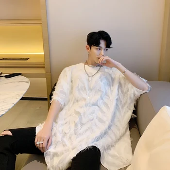 

Summer hair stylist men oversize loose shoulder feather short-sleeved t-shirt trendy men's personality T-shirt