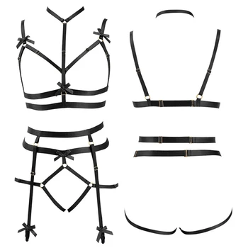 

Black Bow Strap Body Harness Garter Set Full Bondage Lingerie Elastic Adjust Sexy Harness Bra Goth Fetish Garter Belt for Women
