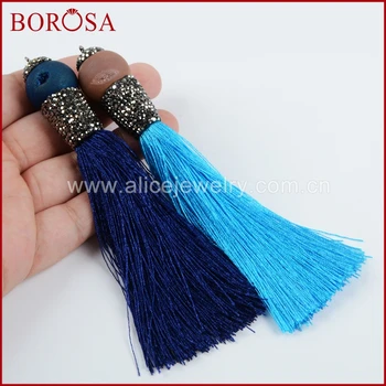 

BOROSA Natural Drusy Stone With Rainbow Long Tassel Pave Rhinestone Pendant Drusy Jewelry Fashion Pendant for Necklace JAB669