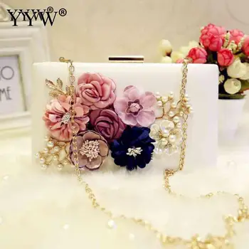 

2019 Fashion Floral Evening Clutch And Purse Women Pearl Diamonds Rectangle Clutches Elegant Chain Sling Bag With Shoulder White