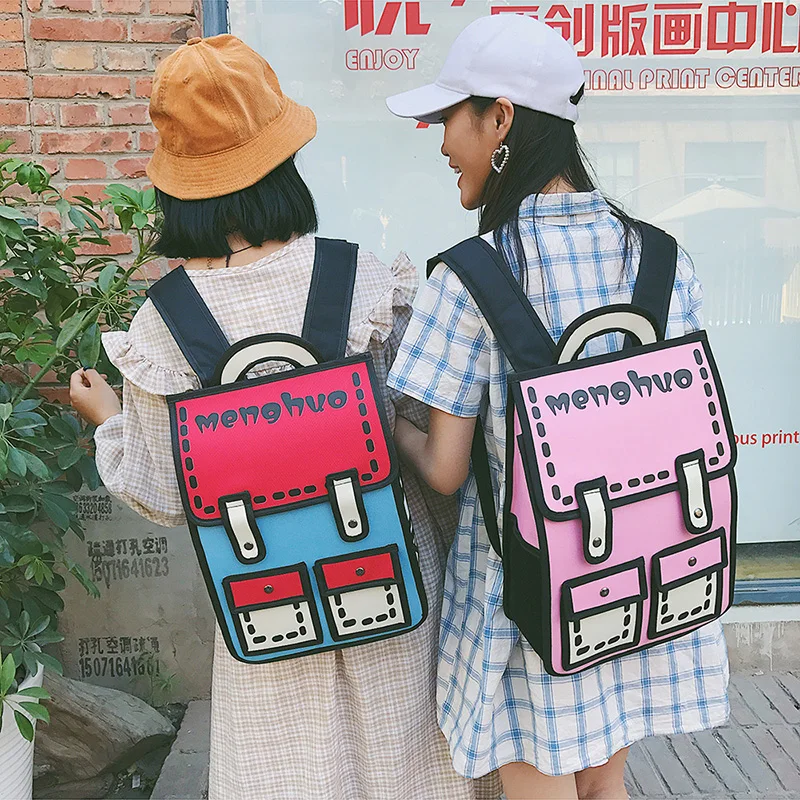 Menghuo 2017 New 3D Jump Style 2D Drawing Cartoon Paper Bag Comic Backpack Messenger Tote Fashion Cute Student Bag Bolos Mochila (2)