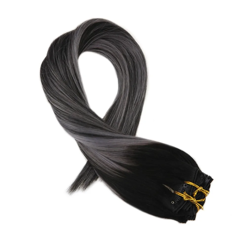 

Moresoo Clip In Human Hair Extensions Color #1B Off Black Mixes with Silver Human Hair 7Pcs 100g Full Thick Head Set