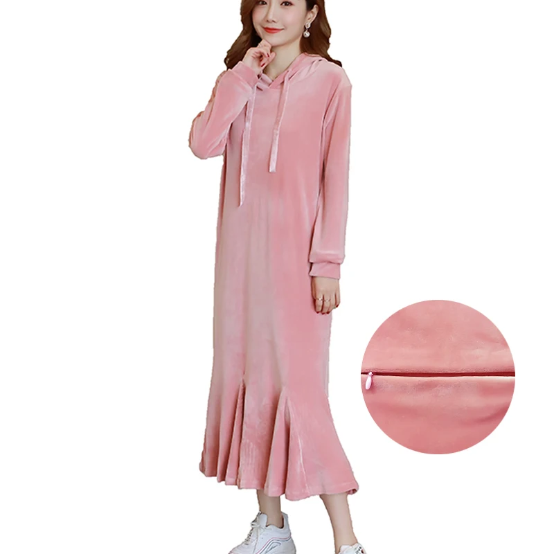 

Autumn Winter Nursing Hoodies Maxi Long Dresses Casual Breastfeeding Sweatshirt Dress Plus Size for Pregnant Women Pullover Pink