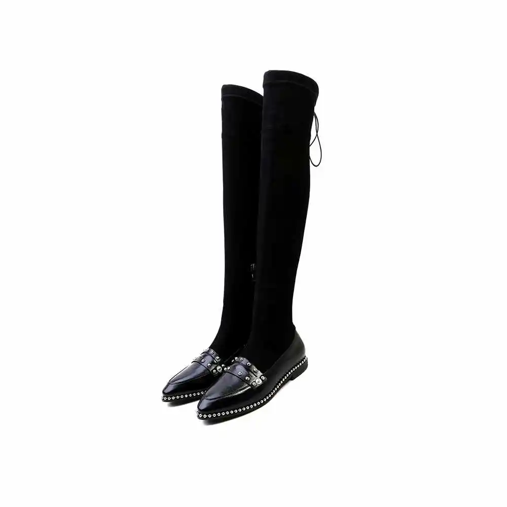 Véritable Over Bottes Naturel Cuir Bas Beige De Mode the Krazing noir Fourrure genou Bottines Extensibles Solide Velours Talons Couleur Rivets L12 Pot 2019 En EOqFT