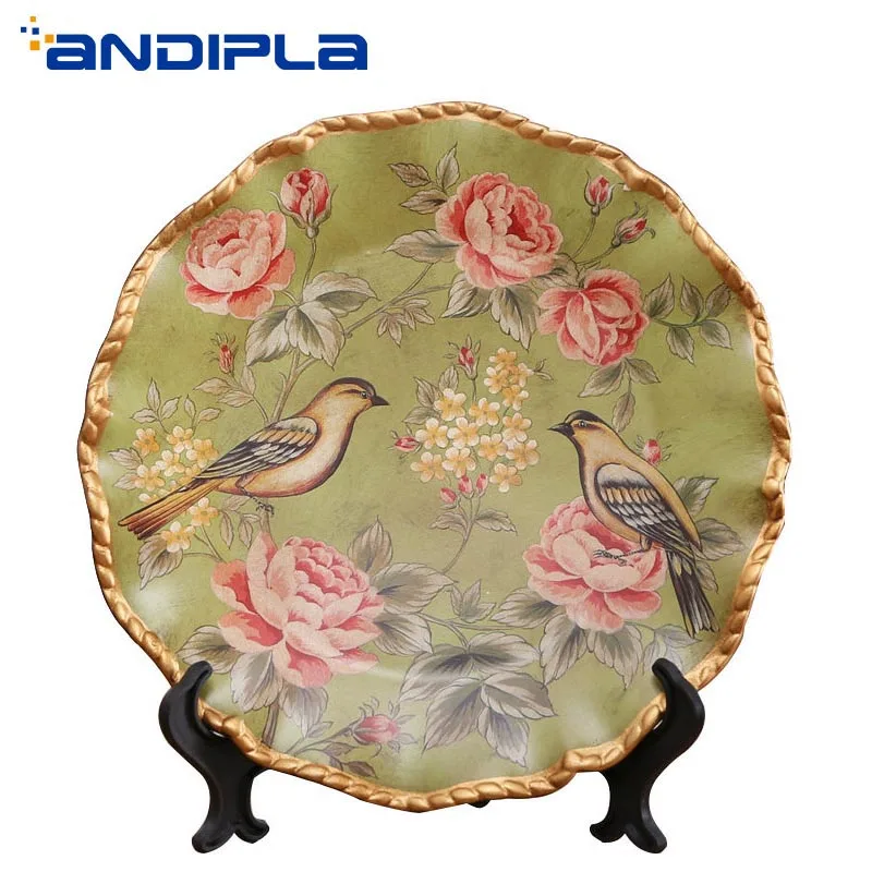 

10 inch Vintage European Ceramic Decoration Plate Flower and Little Bird Pattern Tray with Base Creative Crafts Hotel Adornment