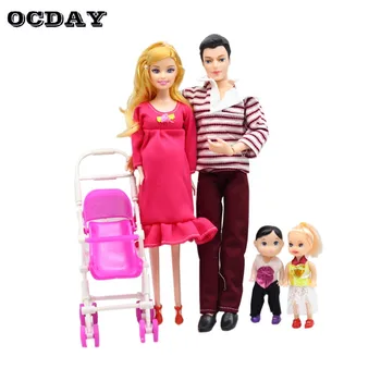 

OCDAY 5pcs/set Family Dolls Suit Pregnant Doll Family Mom Dad Baby Son 2 Kids Baby Carriage Gift Toys Children Toys Kids Doll