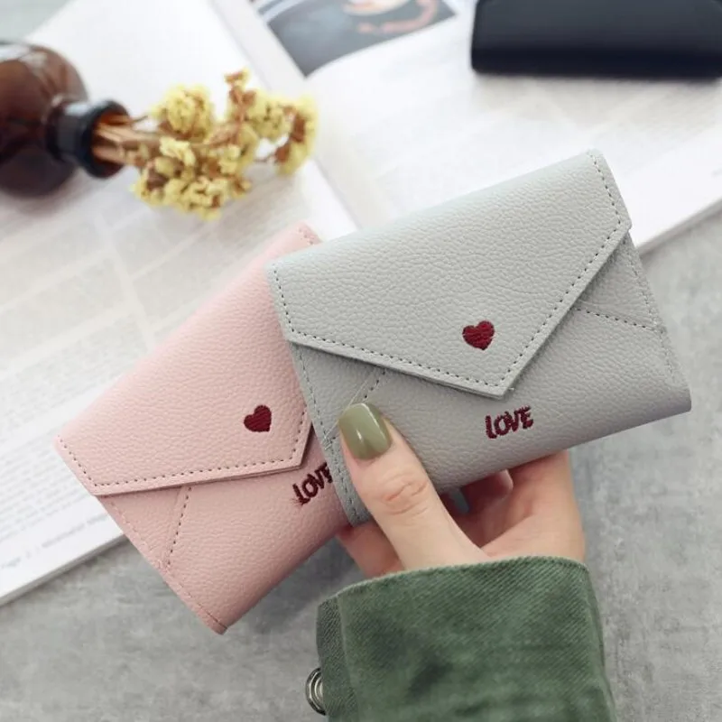 

New Women Wallets Purse Mini Wallet Love Heart-shaped Embroidery Line Lychee Pattern Multifunctional Wallet 3 Fold Small Wallet
