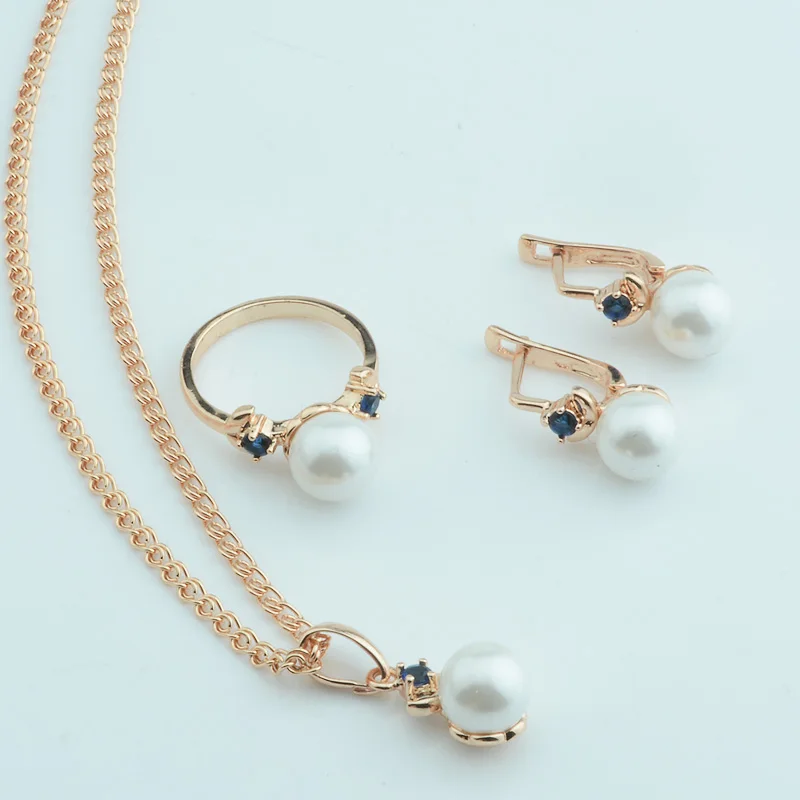 

FJ 2 Color Women Femme Fashion Blue/White Cubic Zircon Bead Sets Jewelry 585 Gold Color Rose Pendant+Earrings+Rings Set