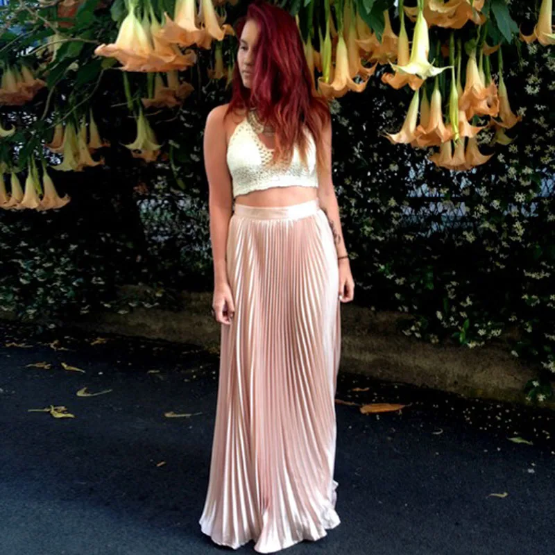 Saias para Mulheres Made a Linha de Cetim Long a Linha para Adultos do Sexo Moda Zíper Custom Plissado Pretty Pink Feminino Maxi Saia 2020 5 Made A Linha de Cetim Plissado Pretty