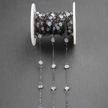 

6mm,Opaline Color Glass Round Beads Chains,Wire Wrapped Gun Black Plated Links Jewelry,Faceted Coin Shape Beads Necklace