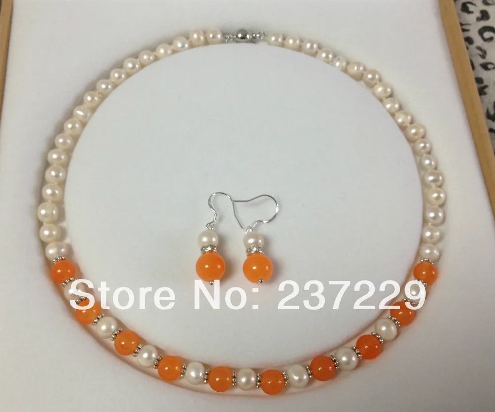

Wholesale price FREE SHIPPING a 8-9MM White Akoya Cultured Pearl/Orange Jade necklace earrings set 18"No box hot