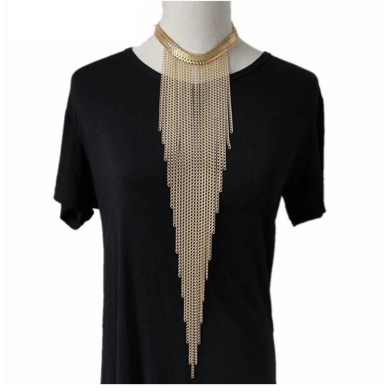 

CirGen Fashion Women Chunky Body Gold Color Choker Multi layer Long Chain Tassel Pendant bijoux Statement Necklace Jewelry,C32